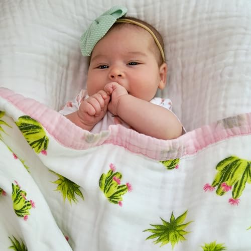 Image of LollyBanks Muslin Quilt Blanket, Large 47 x 47 Inches Versatile Crib Blanket for Baby Girls, 6 Layers Newborn Blanket, Soft Blend 70% Viscose Made from Bamboo + 30% Cotton, Registry (Cactus Print)