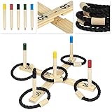 UISEBRT Wurfspiel Ringwurfspiel aus Kiefer - Gartenspiele Outdoor Wurfspiel für Kinder und Erwachsene mit 5 Spielstäben + 5 Nylon Ringen Spiele für Garten Park Home Party
