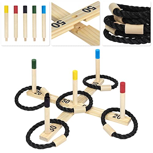 UISEBRT Wurfspiel Ringwurfspiel aus Kiefer - Gartenspiele Outdoor Wurfspiel für Kinder und Erwachsene mit 5 Spielstäben + 5 Nylon Ringen Spiele für Garten Park Home Party
