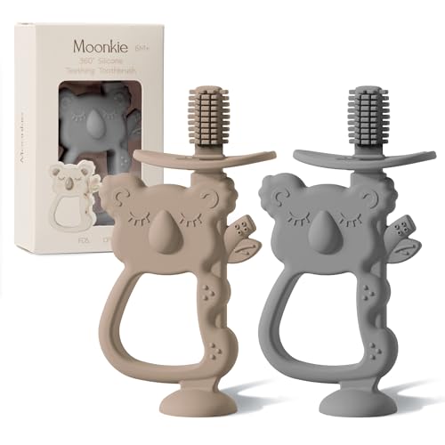 Image of Moonkie Teething Toy Set of 2, Safe & Easy to Hold BPA Free Silicone Teethers, 360° Baby Toothbrush with Suction Base, Teether Toys Best for Babies 6-12 Months (Koala Warm Taupe/Lunar Grey)
