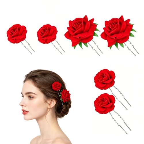 Lot de 6 épingles à cheveux en forme de rose rouge en forme de U pour femme - Pinces à cheveux mexicaines pour femme et fille, fête de mariage, danse (S,...