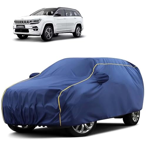 Image of Sulfar 100% Water Resistant Car Body Cover Compatible with Mirror for Jeep Meridian (Triple Stitched, Full Bottom Elastic, Blue Tafetta with Yellow Piping)