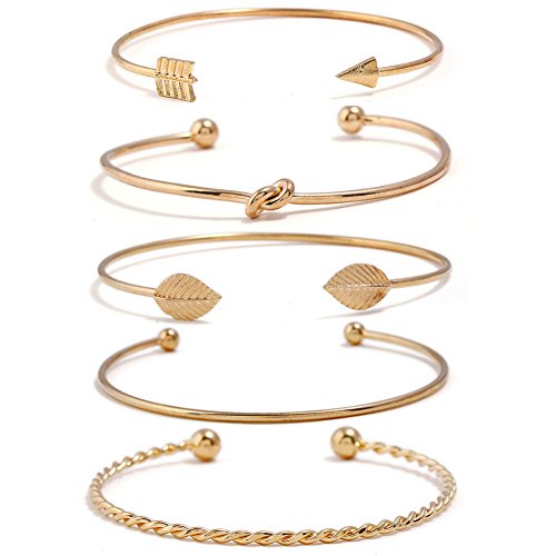 I'S ISAACSONG Yellow Gold Plated Inspirational Love Knot Stackable Open Cuff Bangle Bracelet Set for Women and Girls (Love Knot, Leaf, Arrow 5 Pcs Set)