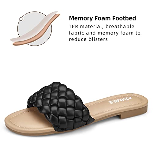 Image of ATHMILE Braided Sandals for Women, Open Toe Flat Summer Slides, Nude Sandal | Woven braided upper with round open toe design, lightweight flat style for beach trips, vacations, and summer outfits.