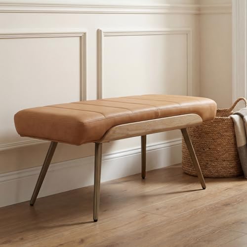 CIMOTA Mid-Century Modern Upholstered Bench, Channel Tufted Ottoman Bench with Solid Wood Trim and Bronze Metal Legs, 35.5" Accent Bench for Bedroom, Entryway, Living Room, End of Bed, PU Br