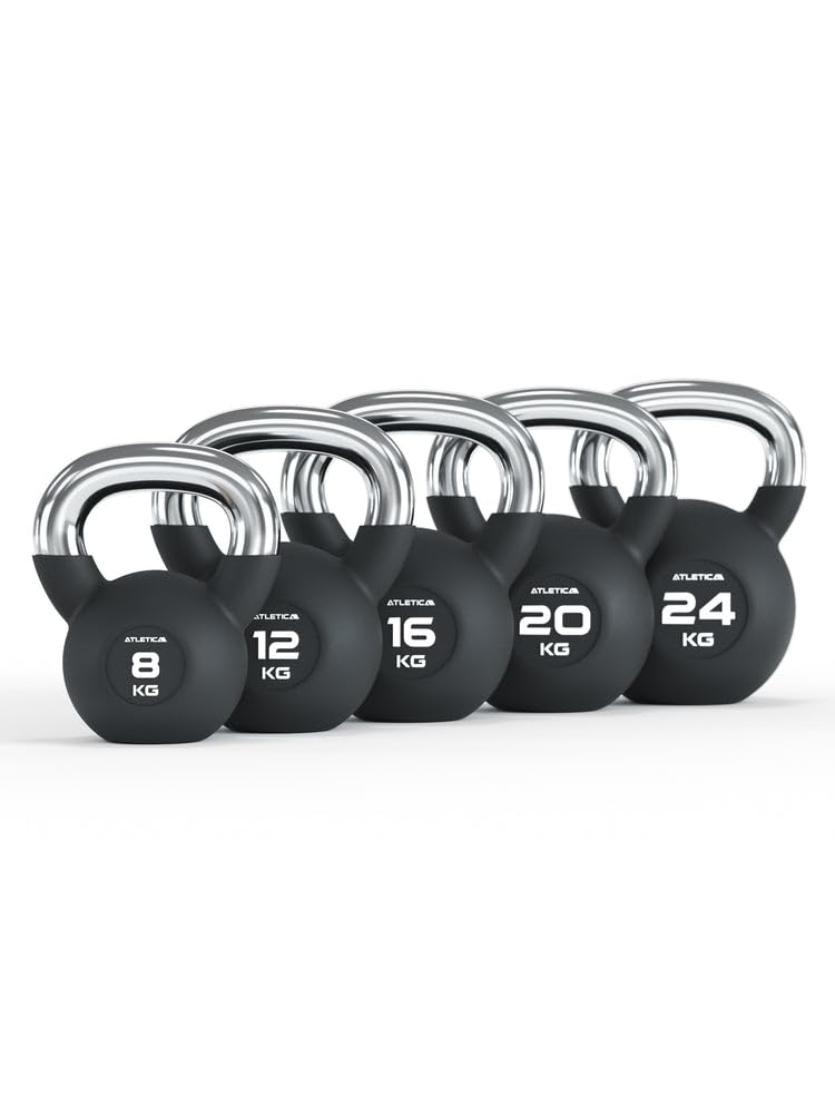 ATLETICA Zestaw Kettlebell | funkcjonalny | 8, 12, 16, 20, 24 kg | gumowane hantle kulowe z chromowanym uchwytem | wysokiej jakości stop stali | jakość studyjna | funkcjonalny trening całego ciała