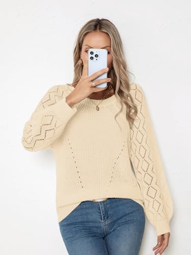 Image of Libsorge Womens Cute Crochet Knit Hollow Out Sweater Fall 2024 Lightweight Ribbed Crewneck Long Sleeve Pullover Top