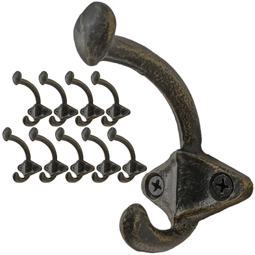 Image of SKOLOO Gold Cast Iron Wall Hooks - Farmhouse Style, Pack of 10, Dual-Direction Hanging Design - Ideal for Coat, Backpack, Towel - Perfect for Entryway, Mud Room, Bathroom Dry Area