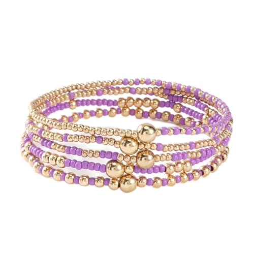 Bohemia Multilayer Resin Beaded Stackable Bracelets Set Colorful Surfer Heishi Gold Beaded Stretch Bracelets Friendship Elastic Wristbands for Women Men Summer Beach Boho Vacation Jewelry-Purple