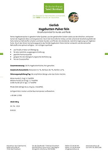 tierlieb Hagebutten-Pulver für Hunde & Pferde | Geprüfte Premiumqualität | 500g Pulver