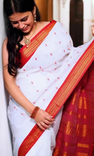 Image of Pure Kalyani Cotton Saree | Zari Border & Blouse Piece - Lata Gadwal Design | Traditional Saree