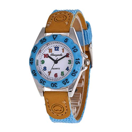 AQBD ユニセックスティーン学生 男の子 女の子 アラビア 数字 アナログクォーツステンレススチールケース ナイロン 腕時計 (ライトブルー LB)