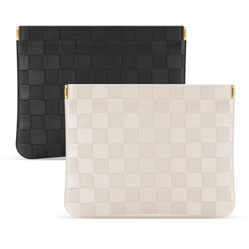 Sightor 2PCS Pocket Cosmetic Bag for Purse, Checkered Makeup Bag Portable Leather Cosmetic Bag for Women, Coin Purse Lipstick Cosmetic Accessories Organizer Travel Cosmetic Pouch (Black, Beige, L)