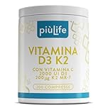 Vitamina D3 K2 Mk7 Con Vitamina C PiùLife – 200 Compresse – 1 Al Giorno, Vit D3 2000 UI, K2 200µg – Sostiene ossa forti, difese naturali e l’equilibrio di calcio e fosforo