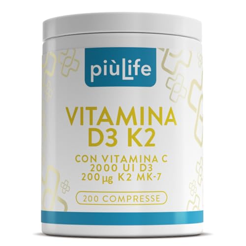 Vitamina D3 K2 Mk7 Con Vitamina C PiùLife – 200 Compresse – 1 Al Giorno, Vit D3 2000 UI, K2 200µg – Sostiene ossa forti, difese naturali e l’equilibrio di calcio e fosforo