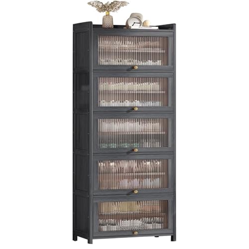 Shilanmei シューズボックス 下駄箱 大容量 天然竹製 扉付き 玄関収納 スリム 薄型 省スペース 5段/7段/9段/11段 靴箱 組み立て式 多層 防塵 防汚 防水 防臭 部屋 玄関 置物 移動しやすい 靴入れ (グレー,11段-70cm)