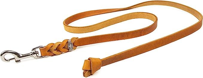 CopcoPet - Guinzaglio per cani Cognac in pelle bovina di alta qualità - Morbido guinzaglio per cani con moschettone cromato - Guinzaglio in pelle grassa intrecciato senza cinturino da polso -