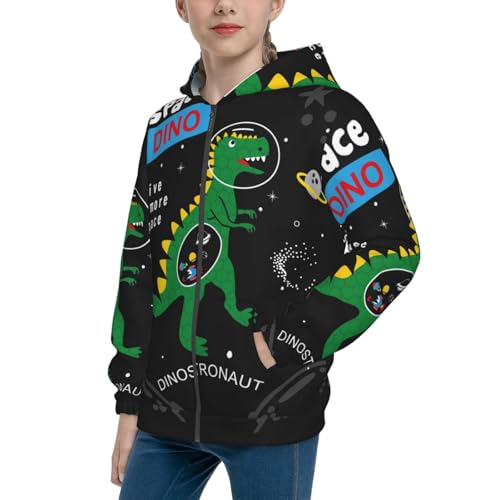 Space Dino Cartoon Black Kids Pullover Hoodies Boys Zip Up Sweatshirts Girls Athletic Clothes with Pocket - Main Image