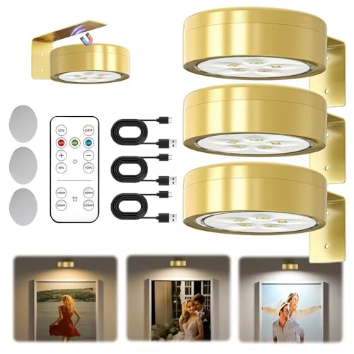 3 Pcs Luces Para Cuadros con Mando,Luces Inalámbricas para Cuadros Recargables,Luz Pintura LED Magnético,3 Temperaturas de Color,Brillo Ajustable Y Temporizador,para Vitrina,Cuadros,Armario (Dorado)