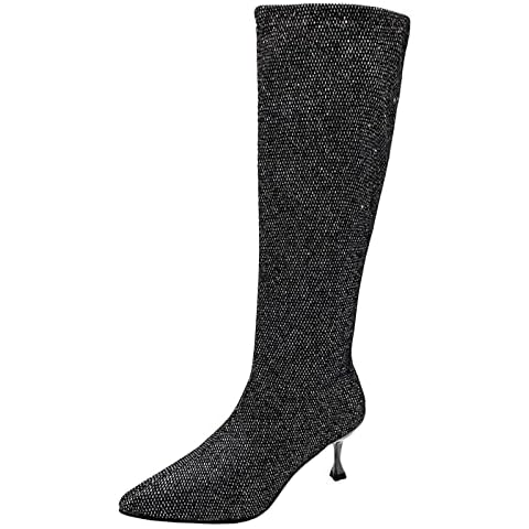 Snow Boots Women's Winter Custom Pointed Shoe Block High Heel Black Knee High Boots Custom Available Women Black Winter, silver, 5 UK Cover
