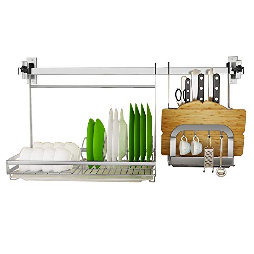 Dish Drying Rack Wall Mounted Dish Drying Rack Set with Square Tube Rod, Hanging 304 Stainless Steel Dish Drainer with Drainboard, Utensil Holder and 3 Mobile Hooks For Kitchen Storage Organizer