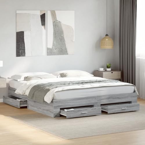 Mokuyary Cama con cajones Madera ingeniería Gris Sonoma 200x200 cm Madera contrachapada, Marco de Cama, somier para dormitorios, Estructura de Cama, Cama Moderna con Estructura