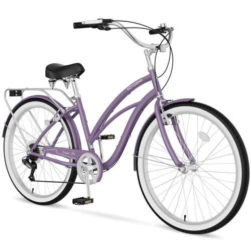 Image of Beach Cruiser Bike for Women and Men, 24 /26 Inch 7-Speed Adult Bicycle | Step-Through or High-Bar Frame, Rear Rack, Full Fenders, Kickstand, Adjustable Comfort Seat, 350 lb Capacity, Classic Cruiser