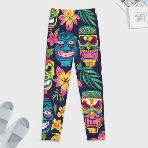 Hawaii Tiki Masks And Florals Pajamas for Men Lightweight Pjs Sleepwear Soft Sleep Lounge Pant with Elastic Waistband3