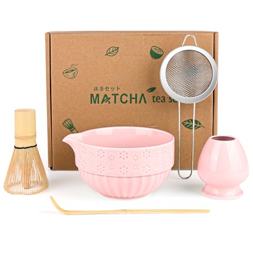 LustLocke Matcha Set, 5 Piece Matcha Besen Set - Stylisches Matcha Set für Einsteiger - Matcha-Besen, Matcha-Schale, Matcha Filtersieb, Chasen und Matcha Löffel, Matcha Zubehör (Rosa mit Ausguss)