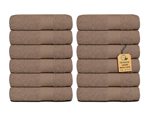 Premium Wash Cloths Pack of 12 (13" x 13") 100% Ring Spun Cotton | Luxury Washcloths | Ultra Soft Face Towels | Highly Absorbent Wash Cloths for face (Taupe)
