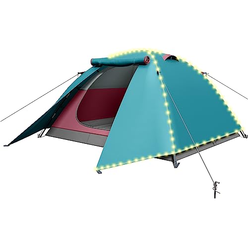 YITAHOME Campingzelt für 2-3 Personen, Wasserdichtes Doppellagiges Rucksack Zelt Zwei Türen Kuppelzelt mit Led Lichter, geeignet für Reisen, Strand, Wandern, Outdoor (Blau)