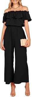 Women's Casual Off The Shoulder Short Ruffle Sleeves Jumpsuits Long Pant Rompers Jumpsuit with Pockets