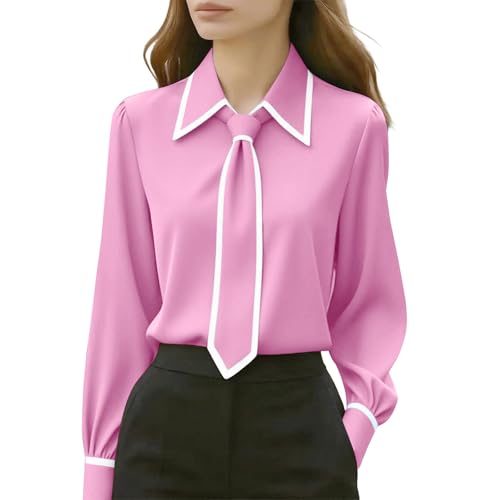 Lovraj Blusa elegante de manga larga para mujer, blusa con corbata, monocolor, blusa de negocios, elegante solapa, Rosa., XL