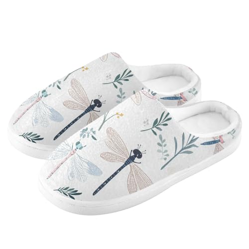 JUNZAN Cute Dragonfly White Mens Home Cotton Slipper Non Skid Memory Foam Guest Slippers for Outdoor Funny Presents 6-74