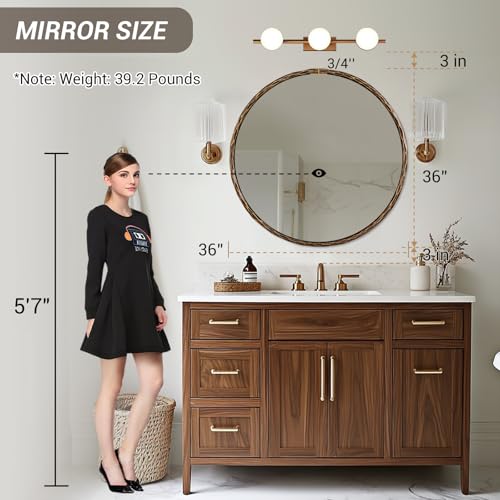 Image of ANDY STAR Hand-Forged Bronze Round Bathroom Mirror, 36 Inch Antique Oil Rubbed Bronze Circular Mirror, Solid Steel Hammered Rounded Mirrors for Wall Decor, Vanity, Washroom, Entry, Fireplace