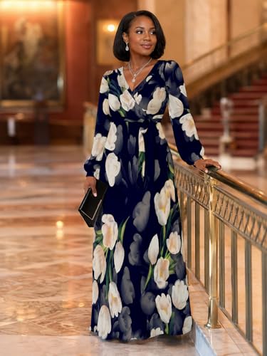 Image of PinkPatty Plus Size Dresses for Curvy Women V Neck Flowy Long Sleeves Wrap Maxi Dress Travel Vacation Outfits