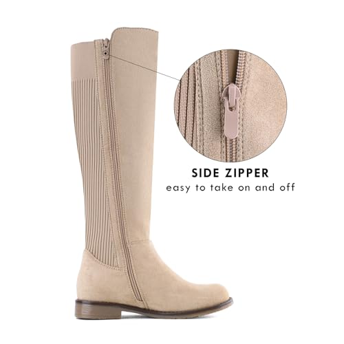 Image of Shoe'N Tale Women's Knee High Boots Flat Low Heel Stretchy Round Toe with Side Zipper