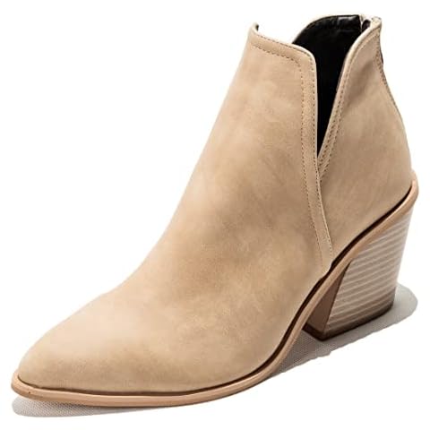 KUUTGG Women's Pointed Toe Western Ankle Boots V Cut Stacked Chunky High Heel Zipper Dressy Short Booties Cover