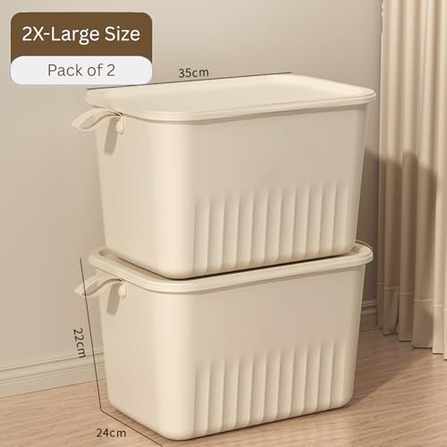 Image of KREPS Multi Purpose Plastic Storage Bins Stackable Organizer Boxes with Lids, Stackable Crates for Home & Kitchen, items like books, clothes, snacks, toys. (Pack Of 2, Large - 35 X 24 X 22 CM)