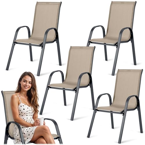Sofotel Gartenstühle Gartensessel Set 4 Stück Textil Metall Stabil Bequem Garten Balkon Belastbar bis 120 kg Beige