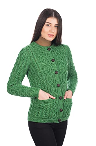 100% Merino Wool Ladies Irish Buttons Knit Cardigan With Pockets (Green, Medium) #TOP23