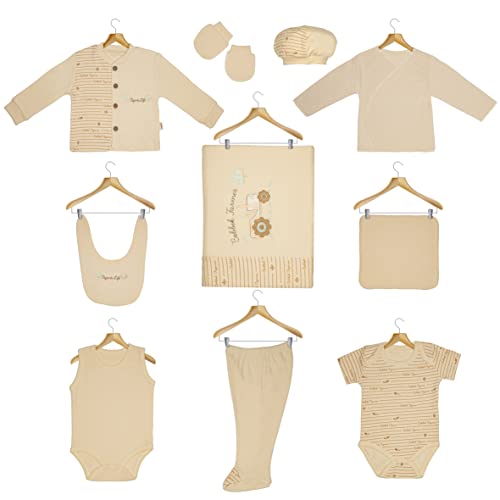 Image of funinfant Unisex Baby Layette Essentials Giftset Organic Cotton Clothing Set 10-Piece Gender Neutral Clothes for Baby Girls or Baby Boys | 0-3 Month Baby Must Haves (Farmer)