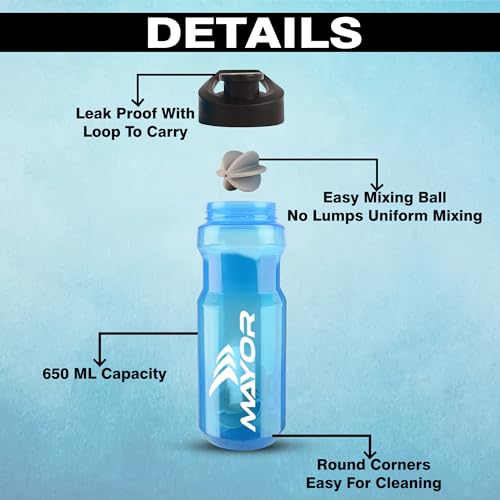 Image of Mayor 650ml Gym Protein Shaker Bottle with Mixing Ball | BPA Free & Leak Proof (Blue)