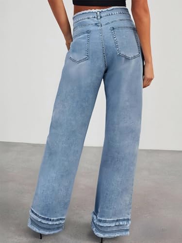 Women's Wide Leg Jeans Stretchy High Waisted Baggy Jeans for Woman 2025 Trendy Frayed Raw Hem Denim Pants3