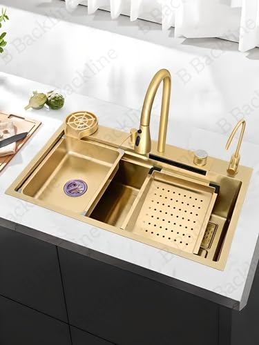 Image of B Backline Kitchen Sink SS 304 Grade Modular Sink With Pull-Down Faucet and Rainfall Mode,RO Mineral Water Tap, Glass Washer, Fruit Basket, Chopping Board, Kitchen Sink 30 inch X 18' inch X 9 inch Inches (Gold)