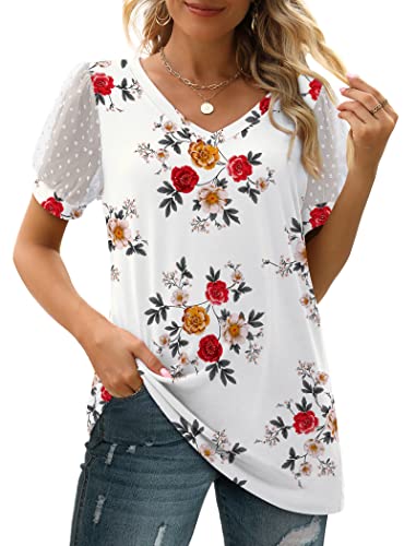 Image of Aokosor Womens Summer Tops V Neck T Shirts Swiss Dot Puff Sleeve Tops Loose Casual Tshirts