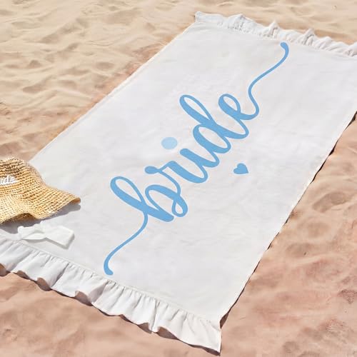 Gilprop 67x41 Bride Beach Towel to Be Bride Ruffled Beach Towel Blue White Quick Dry Sand Free Blanket Bridal Shower Gift Bridesmaid Favors for Wedding Honeymoon Engagement Bachelorette Party