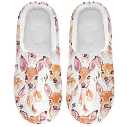 JUNZAN Cute Deer White Mens Home Cotton Slipper Warm Memory Foam Travel Slippers for Spa Birthday Presents 6-7