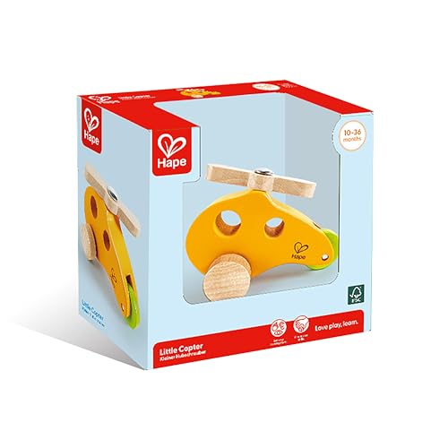 Image of Hape Little Copter Wooden Toy Toddler Play Vehicle, L: 5, W: 2.6, H: 3.5 inch, Yellow