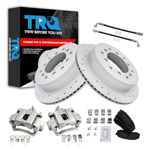 Image of TRQ Performance Rear Brake Pad and Rotor Set Semi Metallic Drilled Slotted Calipers Compatible with 2010-2021 Lexus GX460 2010-2020 Toyota 4Runner